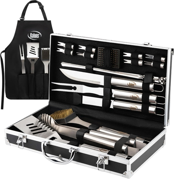 Kaluns Grilling Accessories, Dad Gifts for Fathers Day, Grilling Gifts, Heavy Duty Stainless Steel BBQ Tool Set for Outdoor Grill with Aluminum Case and Apron, Birthday Gifts for Men Women