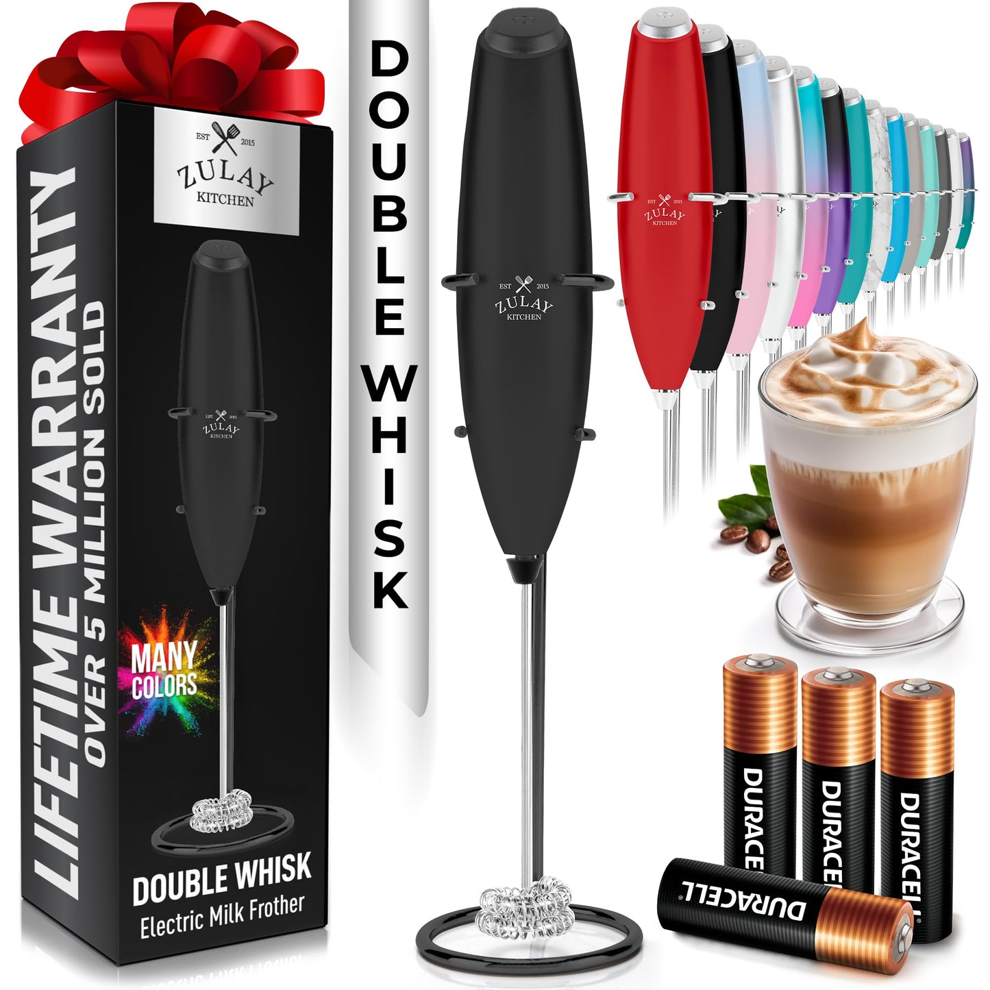 Zulay Kitchen Milk Frother Handheld Electric Whisk – Frother Wand, Durable Drink Mixer, Coffee Frother, Hand Blender, Frother for Protein Powder, Matcha & More - Black