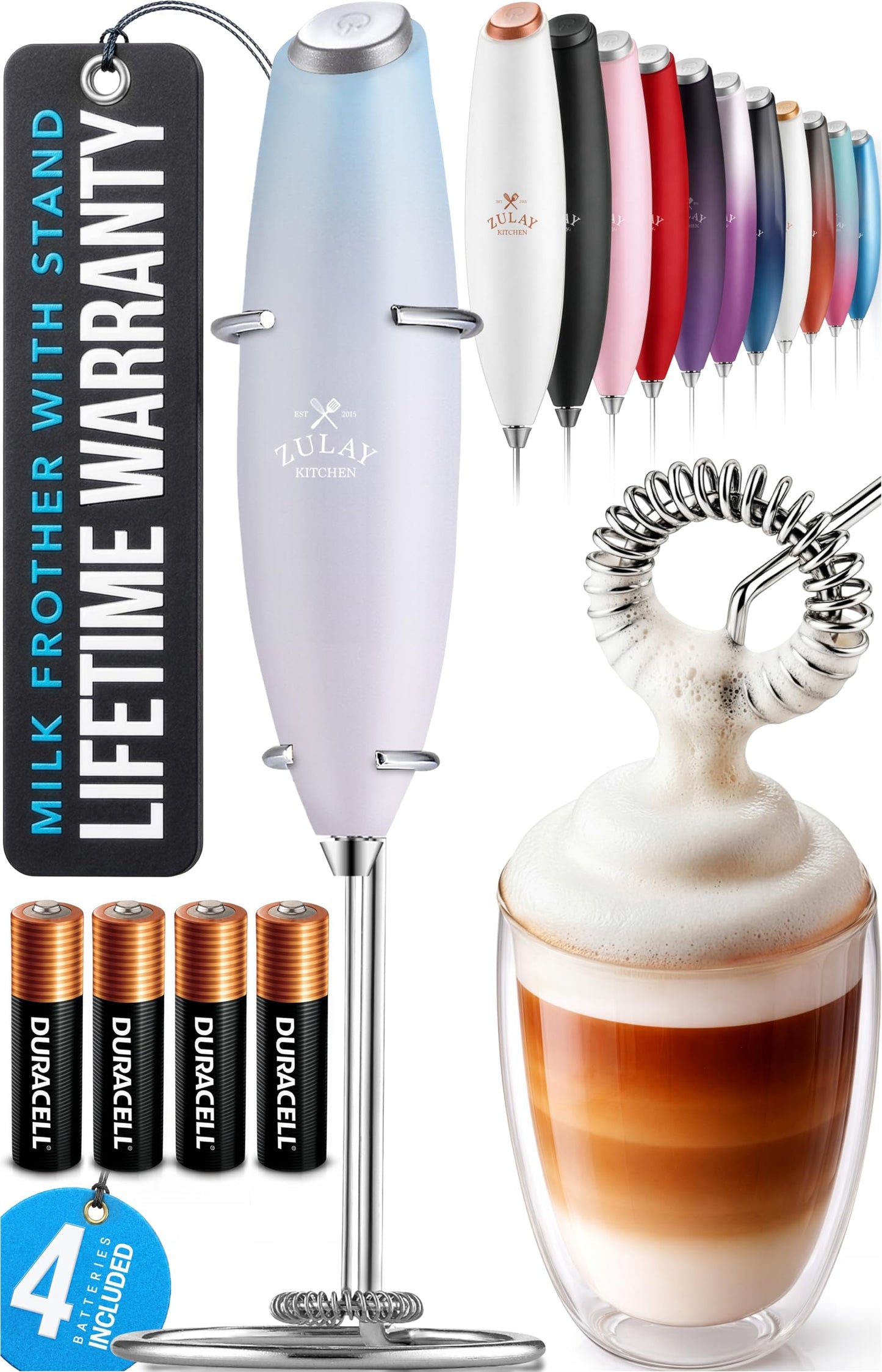 Zulay Kitchen Milk Frother Handheld Electric Whisk – Frother Wand, Durable Drink Mixer, Coffee Frother, Hand Blender, Frother for Protein Powder, Matcha & More - Black