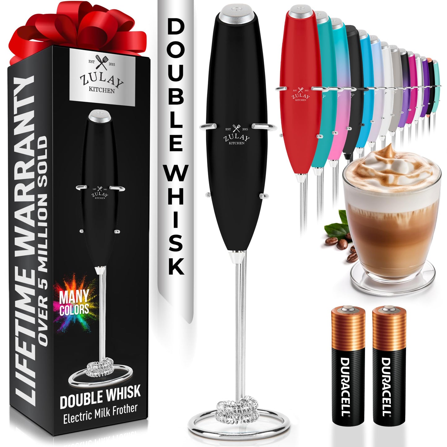 Zulay Kitchen Milk Frother Handheld Electric Whisk – Frother Wand, Durable Drink Mixer, Coffee Frother, Hand Blender, Frother for Protein Powder, Matcha & More - Black
