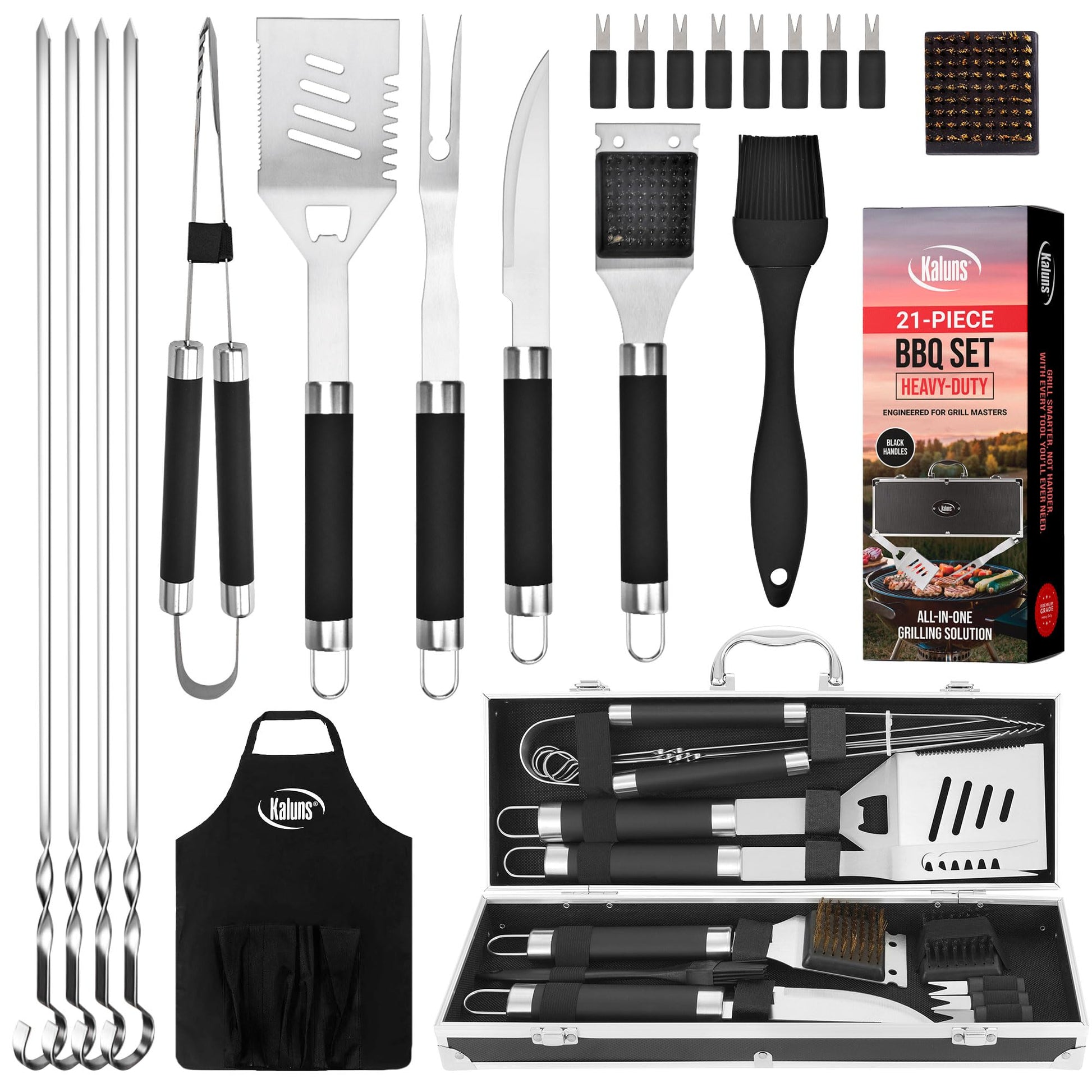 Kaluns Grilling Accessories, Dad Gifts for Fathers Day, Grilling Gifts, Heavy Duty Stainless Steel BBQ Tool Set for Outdoor Grill with Aluminum Case and Apron, Birthday Gifts for Men Women