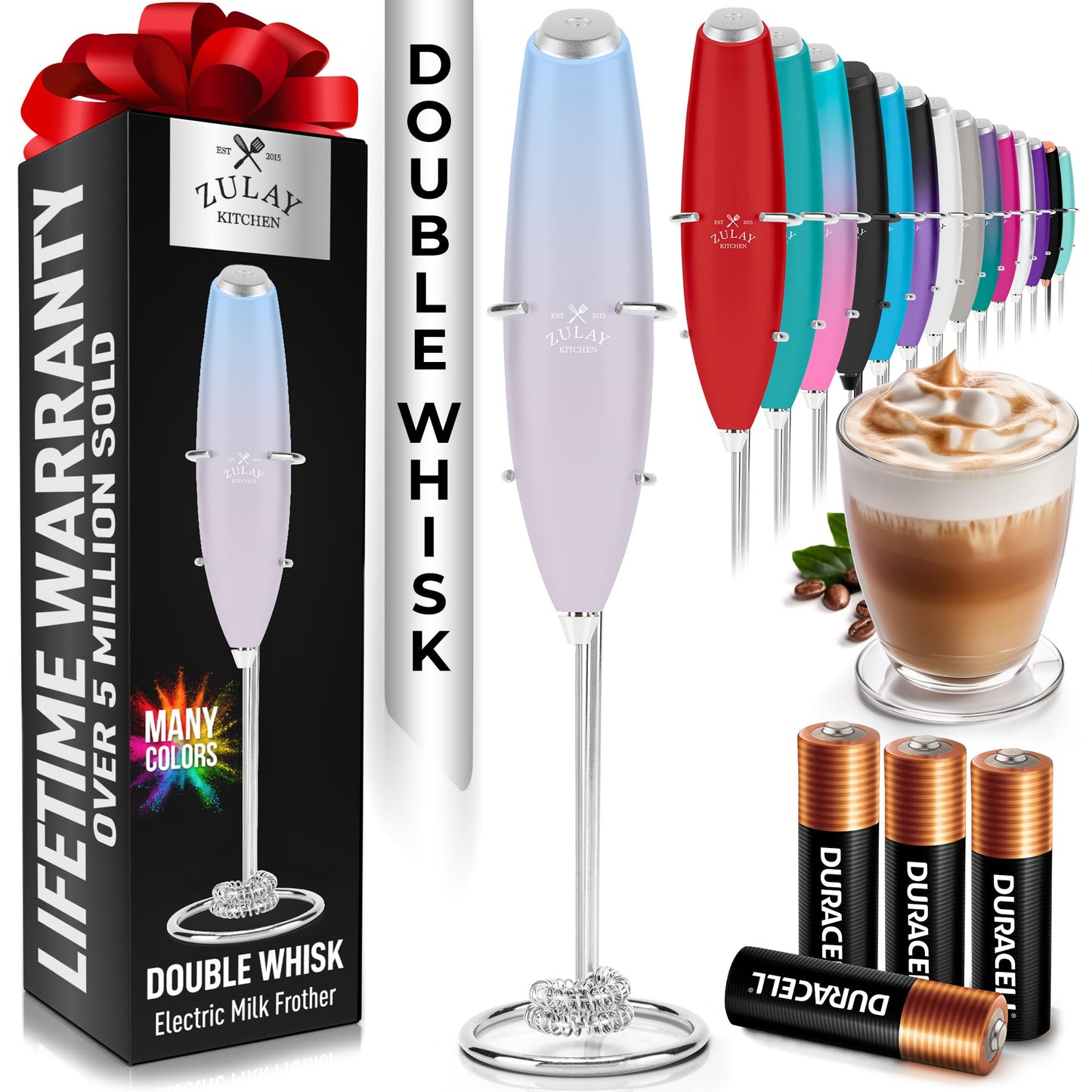 Zulay Kitchen Milk Frother Handheld Electric Whisk – Frother Wand, Durable Drink Mixer, Coffee Frother, Hand Blender, Frother for Protein Powder, Matcha & More - Black