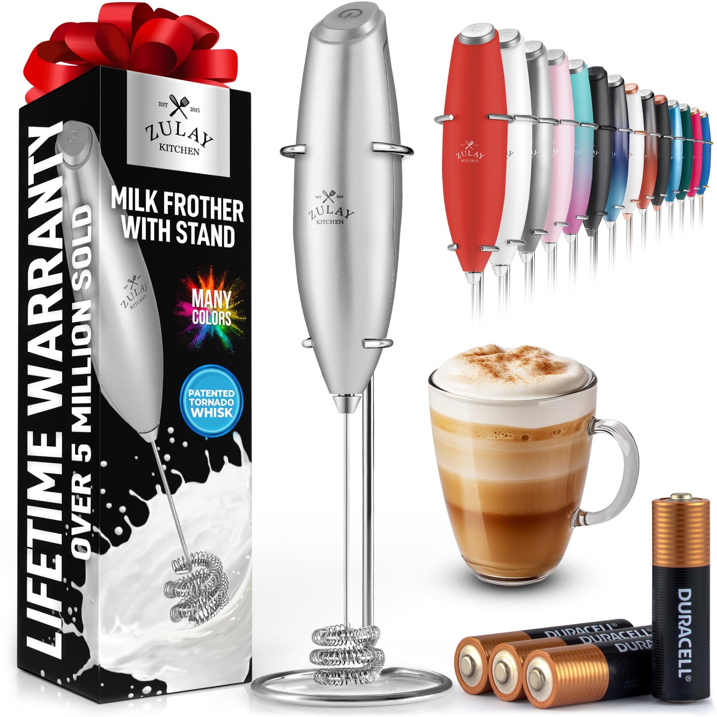 Zulay Kitchen Milk Frother Handheld Electric Whisk – Frother Wand, Durable Drink Mixer, Coffee Frother, Hand Blender, Frother for Protein Powder, Matcha & More - Black