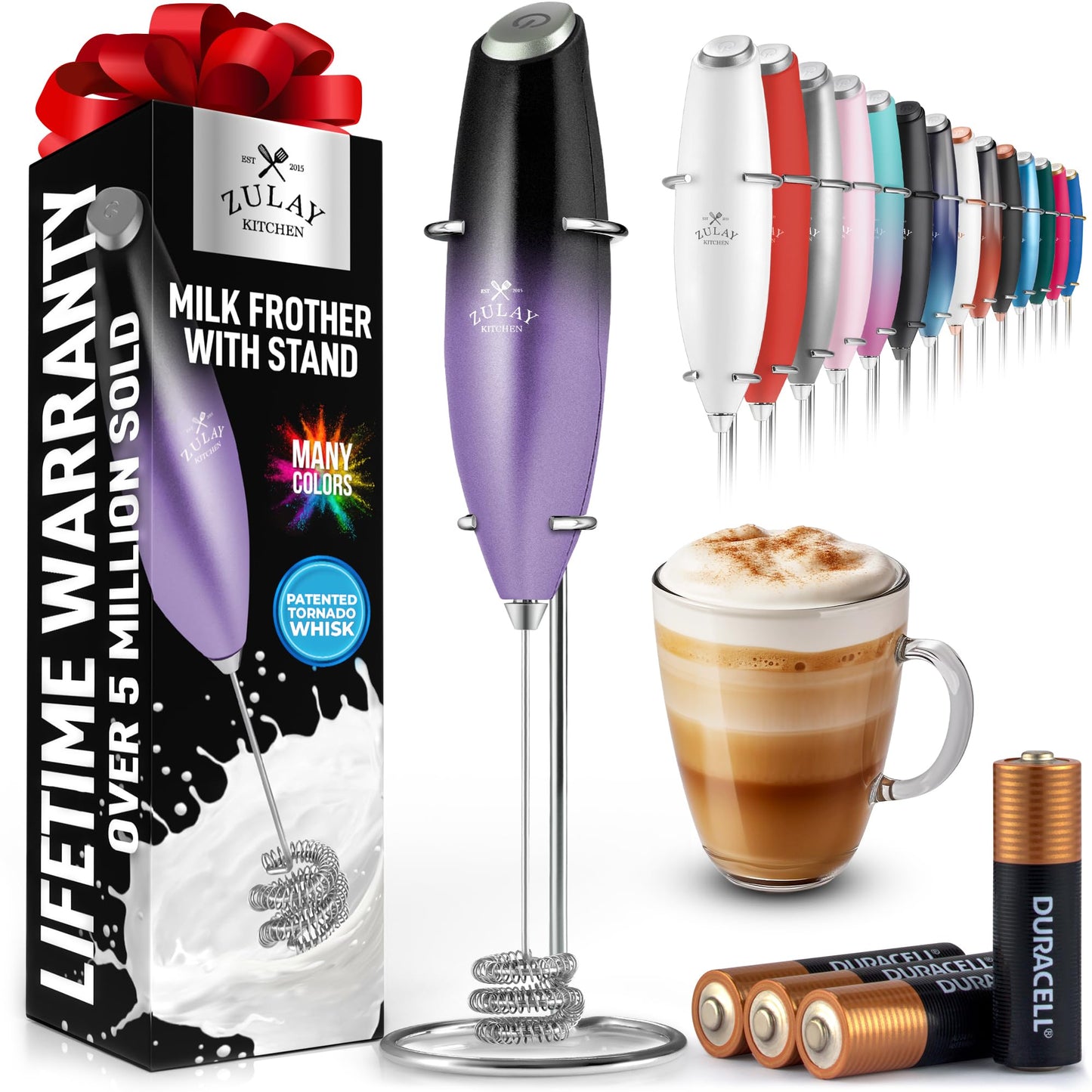 Zulay Kitchen Milk Frother Handheld Electric Whisk – Frother Wand, Durable Drink Mixer, Coffee Frother, Hand Blender, Frother for Protein Powder, Matcha & More - Black