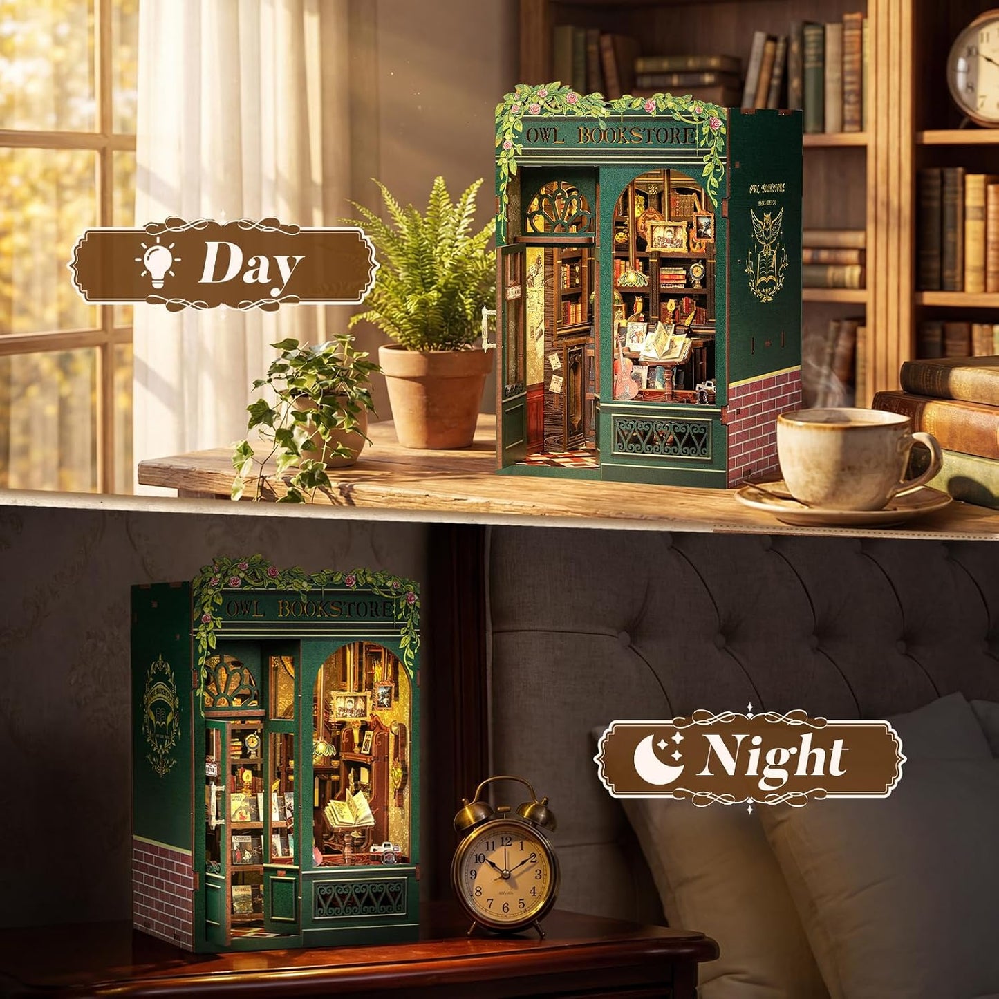 CUTEBEE Book Nook Kit - DIY Miniature House Kit for Adults, Teens and Beginners, Dollhouse Booknook Library Tiny House Bookshelf Decor 3D Wooden Puzzle, Gifts for Family, Friends (Owl Bookstore)