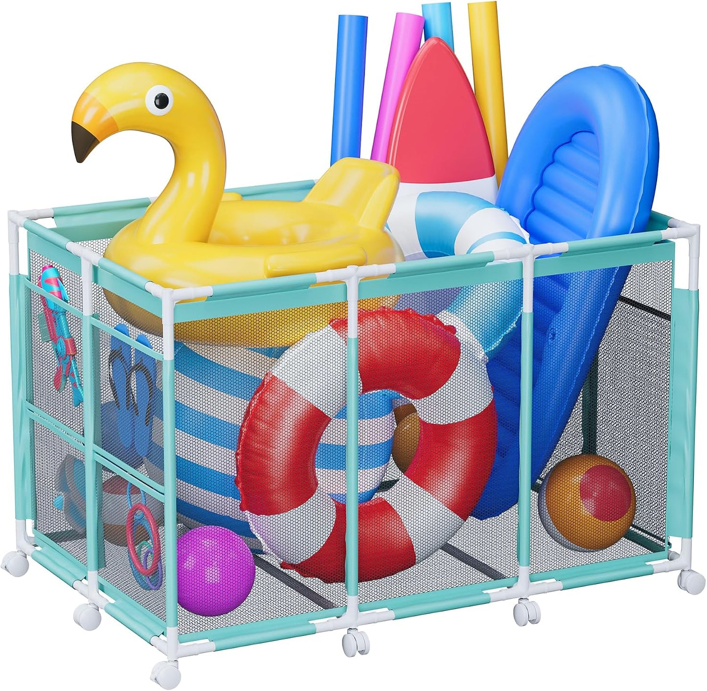 POOLHOUR Pool Float Storage – Outdoor Pool Toy Storage Organizer for Pool Noodles, Toys, Floats, Balls, and Equipment, Mesh Rolling Storage Organizer Bin, Cyan