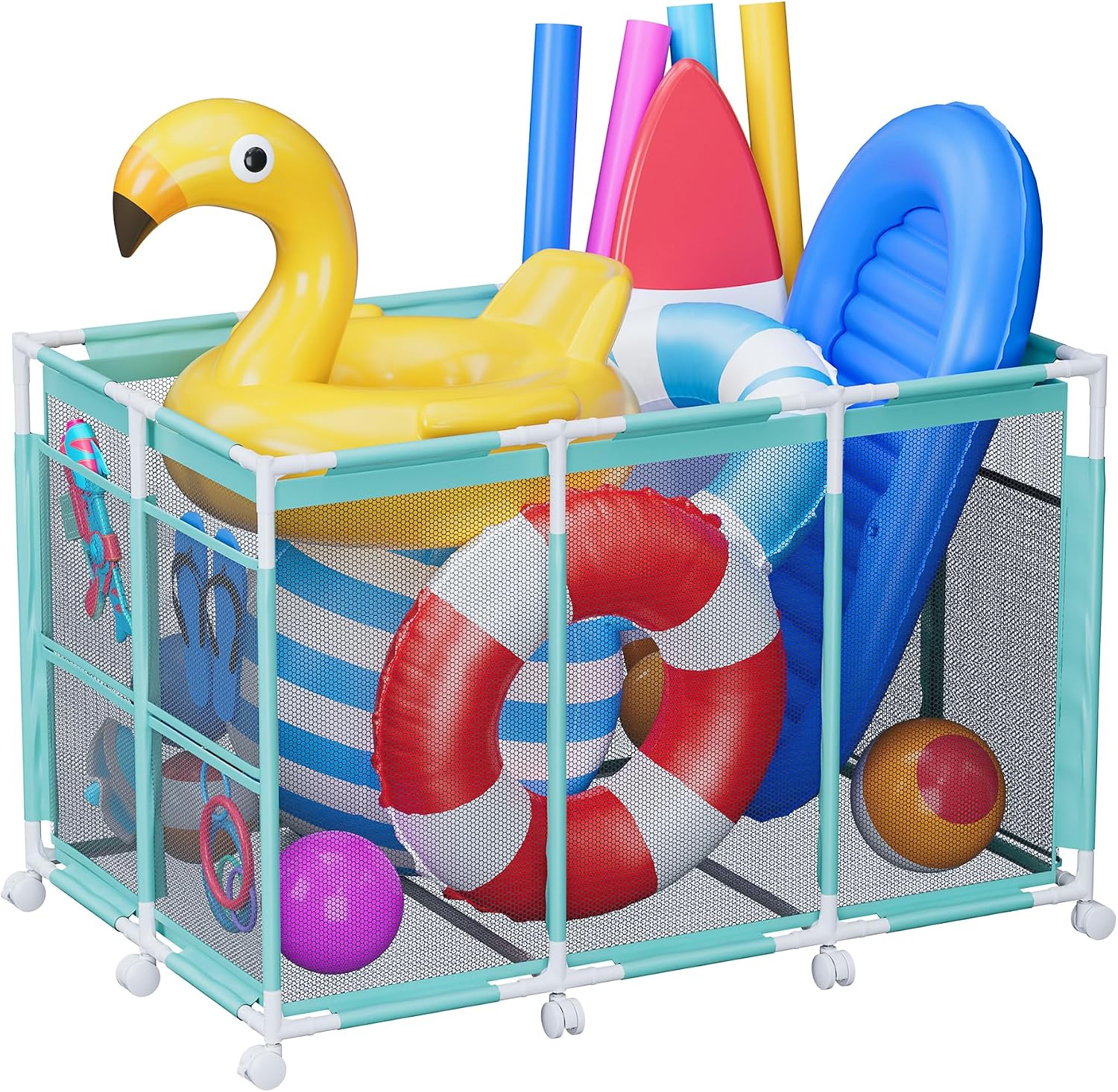 POOLHOUR Pool Float Storage – Outdoor Pool Toy Storage Organizer for Pool Noodles, Toys, Floats, Balls, and Equipment, Mesh Rolling Storage Organizer Bin, Cyan
