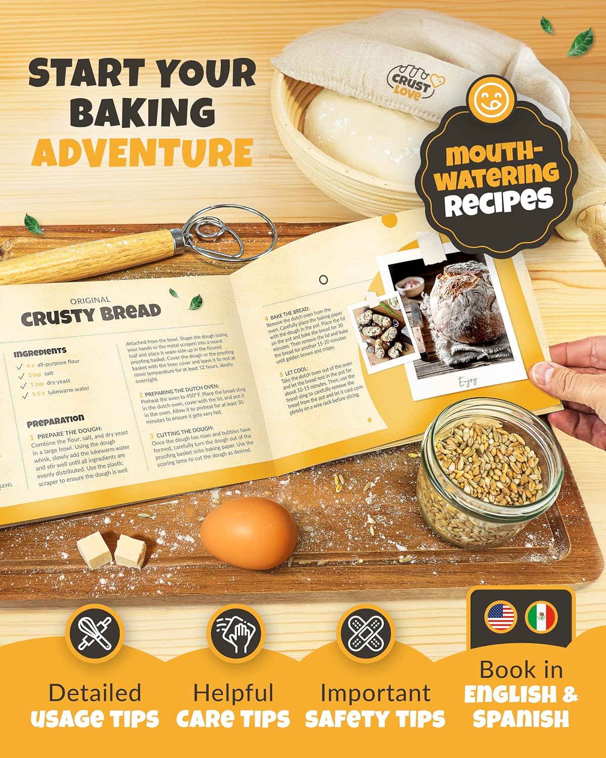 CRUSTLOVE Cast Iron Dutch Oven for Bread Baking - incl. Sourdough Bread-Baking Supplies like Banneton Bread-Proofing Basket - 5QT Bread-Oven with Lid Bread-Making Kit Pan, Pot, Sour Sough Tools, Lame