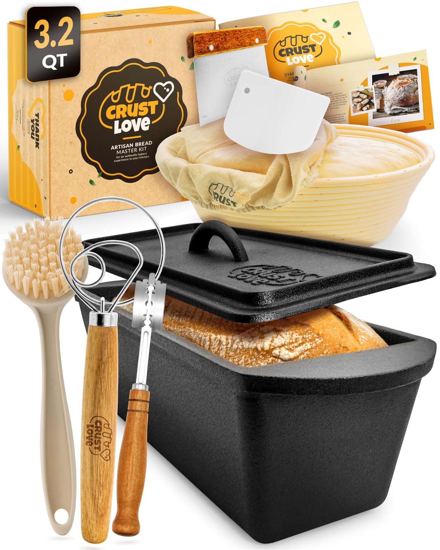 CRUSTLOVE Cast Iron Dutch Oven for Bread Baking - incl. Sourdough Bread-Baking Supplies like Banneton Bread-Proofing Basket - 5QT Bread-Oven with Lid Bread-Making Kit Pan, Pot, Sour Sough Tools, Lame