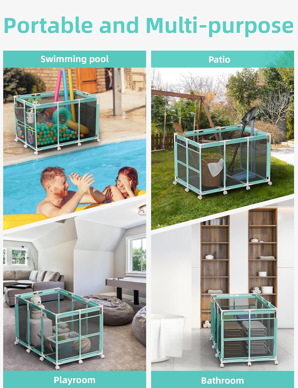 POOLHOUR Pool Float Storage – Outdoor Pool Toy Storage Organizer for Pool Noodles, Toys, Floats, Balls, and Equipment, Mesh Rolling Storage Organizer Bin, Cyan