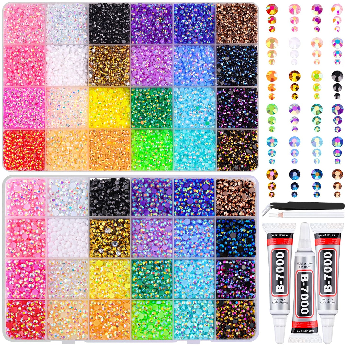 34000Pcs Resin Jelly Rhinestones for Bedazzling, Multicolor 3mm Flatback Gems for Diamond Art, Bedazzler Kit with 3Pcs 10ml B7000 Jewelry Glue for Bedazzle Thing Crafting Book Nail Art