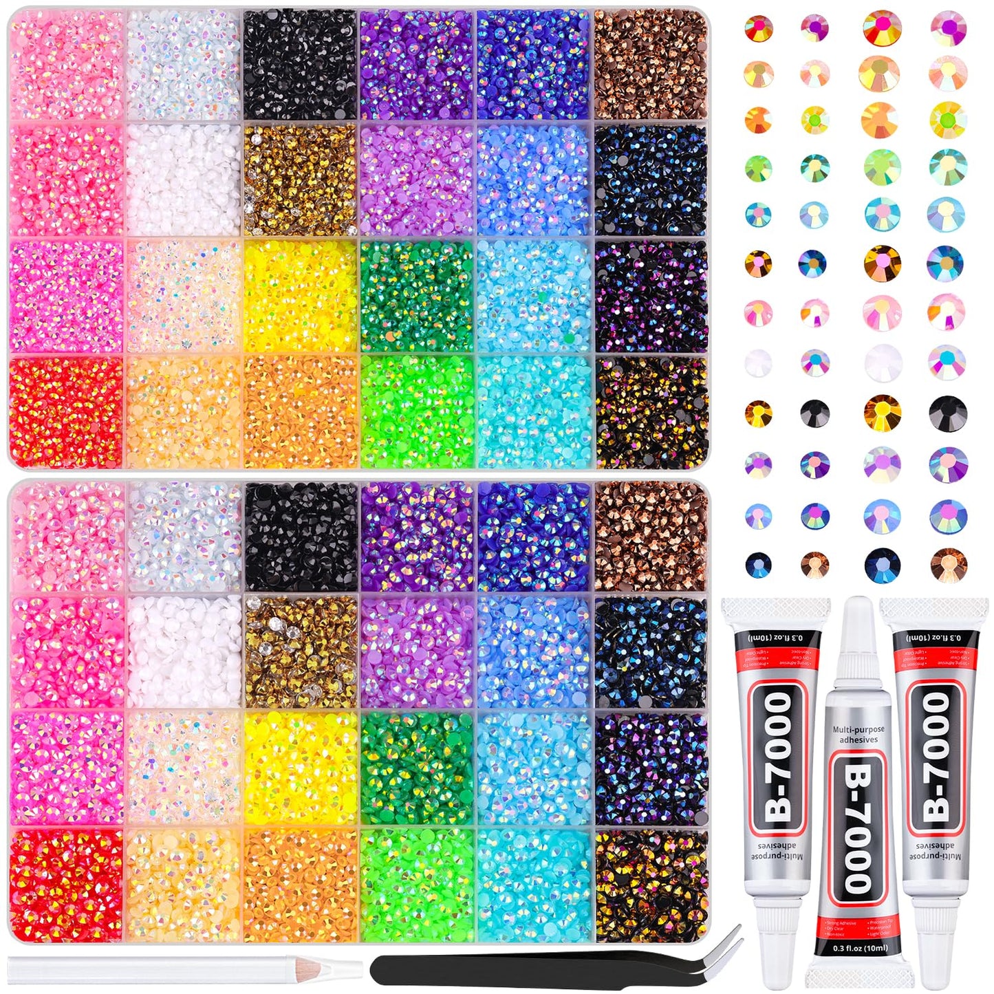 34000Pcs Resin Jelly Rhinestones for Bedazzling, Multicolor 3mm Flatback Gems for Diamond Art, Bedazzler Kit with 3Pcs 10ml B7000 Jewelry Glue for Bedazzle Thing Crafting Book Nail Art