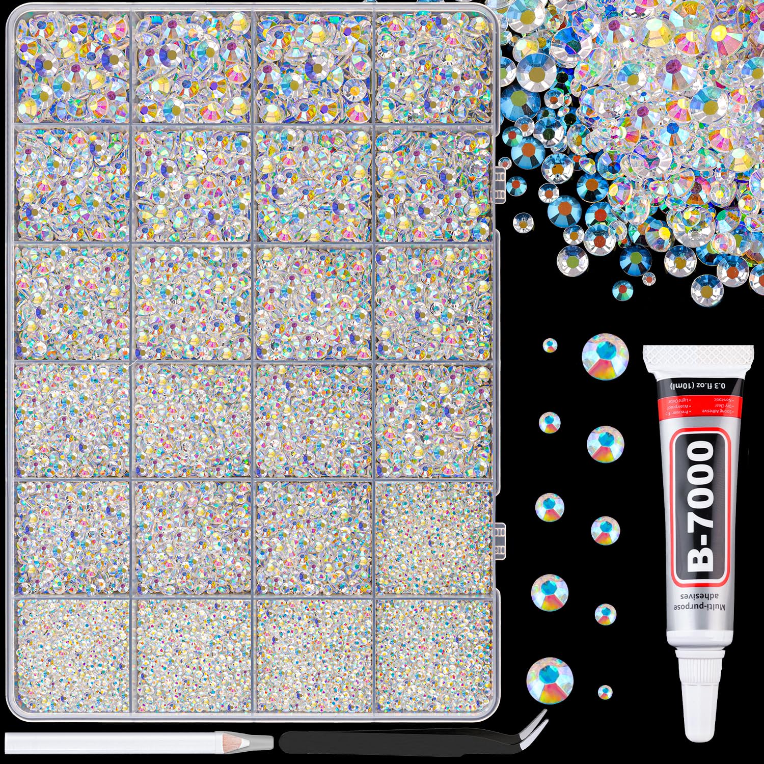 34000Pcs Resin Jelly Rhinestones for Bedazzling, Multicolor 3mm Flatback Gems for Diamond Art, Bedazzler Kit with 3Pcs 10ml B7000 Jewelry Glue for Bedazzle Thing Crafting Book Nail Art