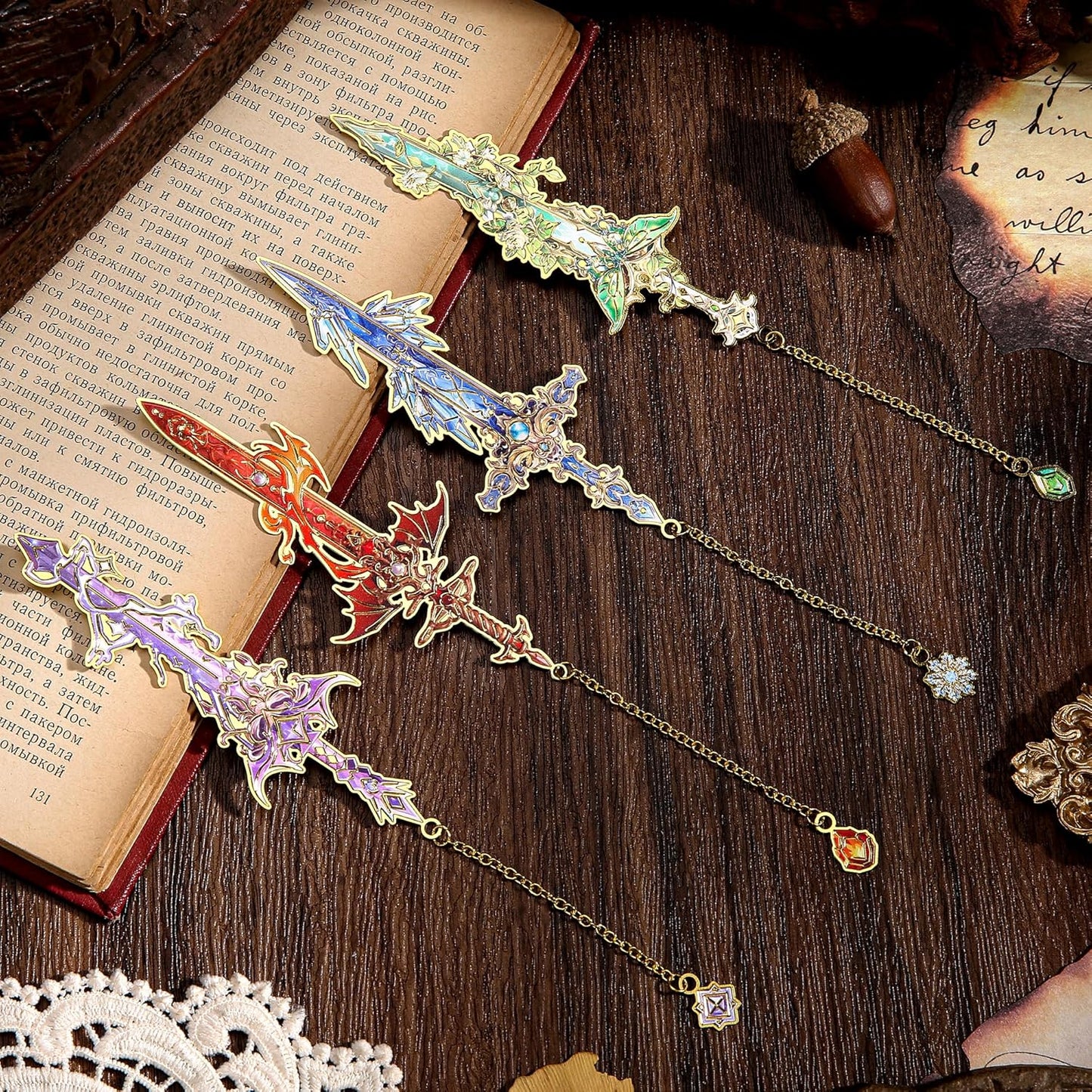 4pcs Fantasy Sword Bookmarks for Books, Journals, Planners - Cool Metal Book Markers for Reading Women & Men, Unique Book Marks Gifts for Book Lovers, Reading Accessories for Students & Adults & Kids